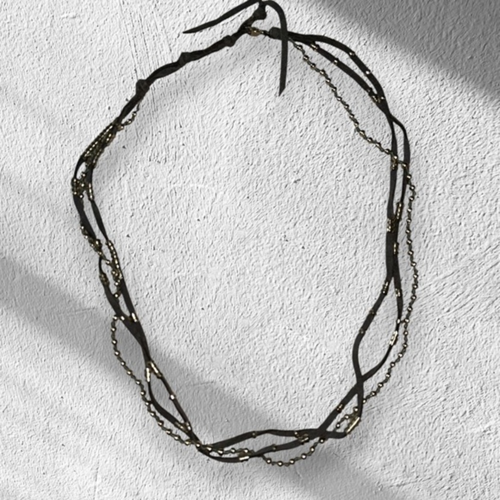 New Anthropologie Leather Silver beaded multi strand necklace